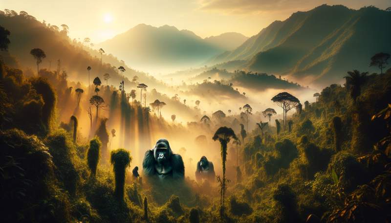 Mountain gorilla habitat in misty forest